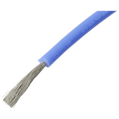 Un filo elettrico blu con fili d'argento esposti a un'estremità, mostrato su uno sfondo bianco.