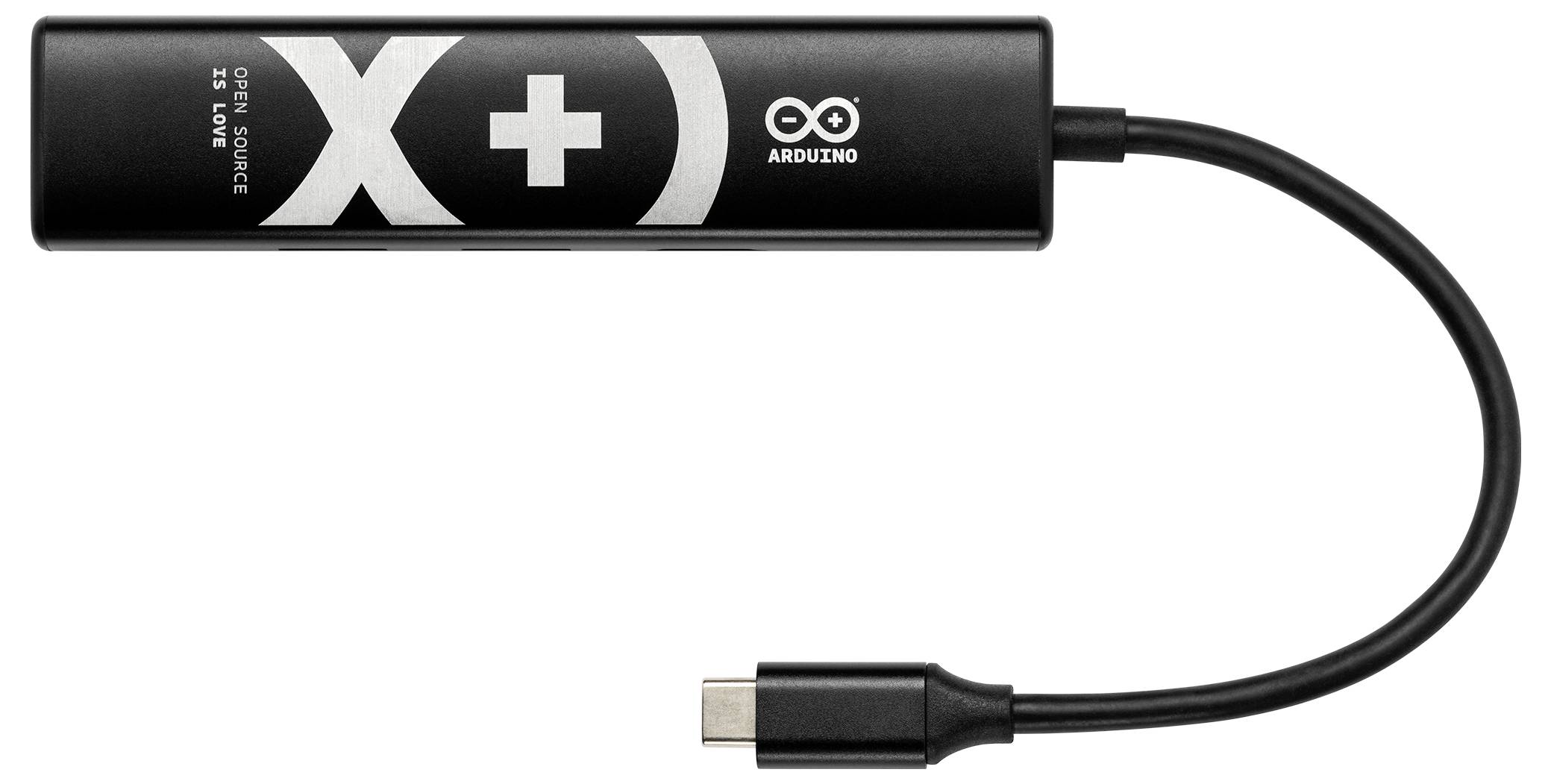 Un dispositivo nero con marchio Arduino dotato di un connettore USB-C. Presenta una grande X e un segno più sulla superficie.