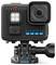 Una fotocamera d'azione nera montata su una base girevole, con obiettivo, schermo LED e il logo 'GoPro' in blu.