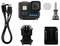 Fotocamera 'GoPro Hero 11' con accessori tra cui un cavo USB, batteria, fibbia di montaggio, supporti adesivi e una vite a pollice.
