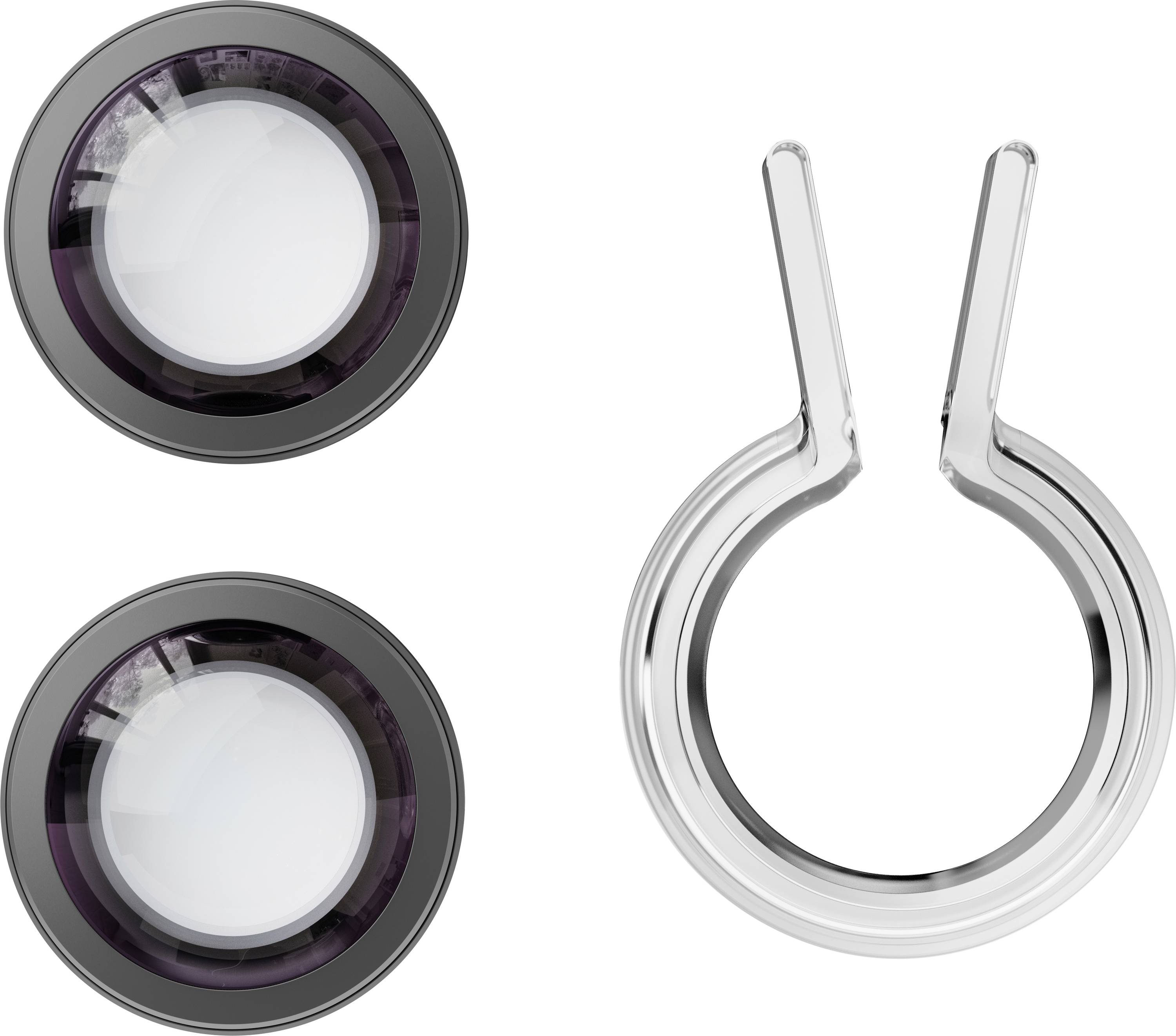 Due luci LED circolari con cornici scure sono mostrate accanto a un supporto metallico.