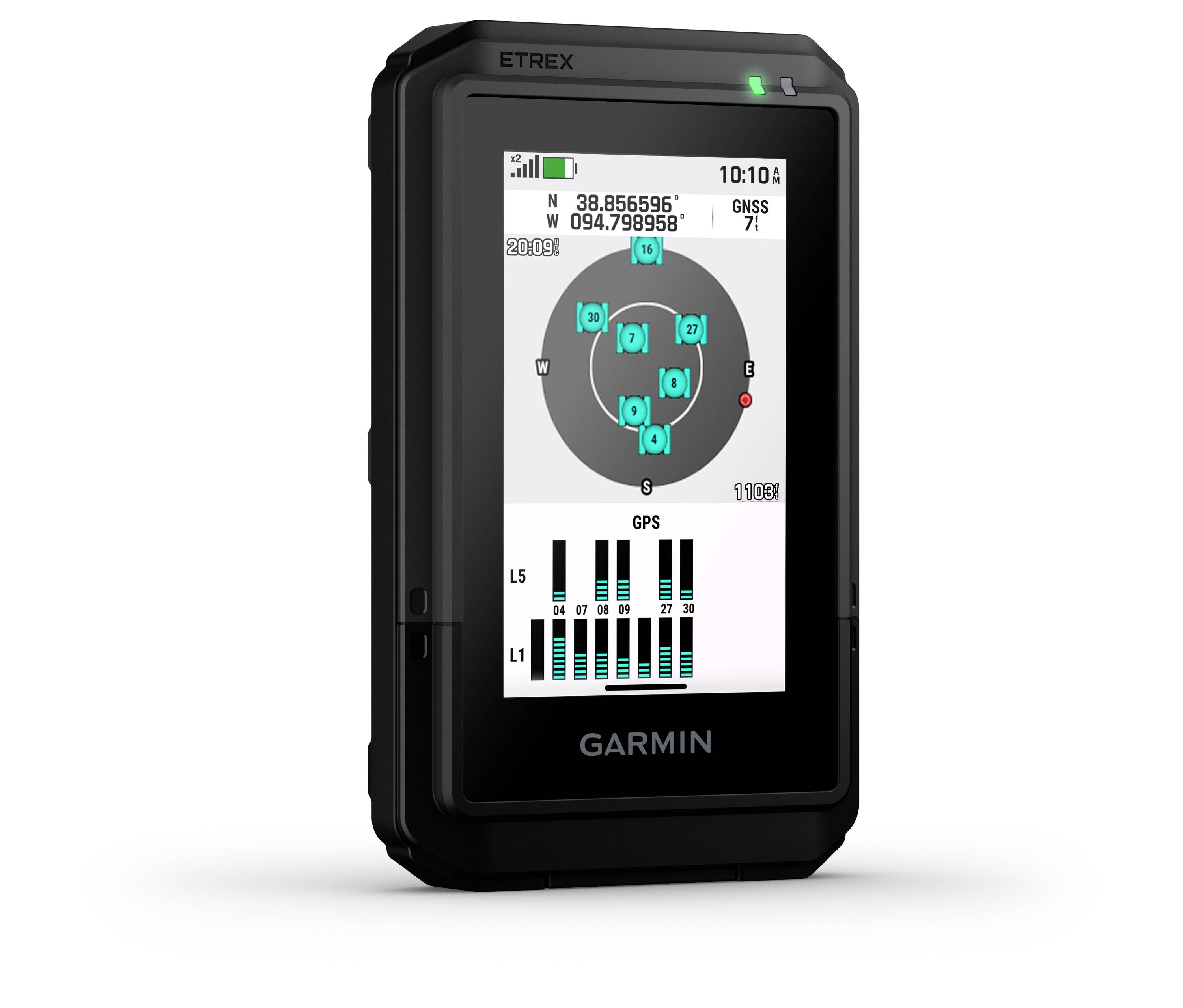 Un dispositivo GPS palmare Garmin mostra le coordinate, le barre di intensità del segnale, le posizioni dei satelliti e i tipi di segnale sul suo schermo.