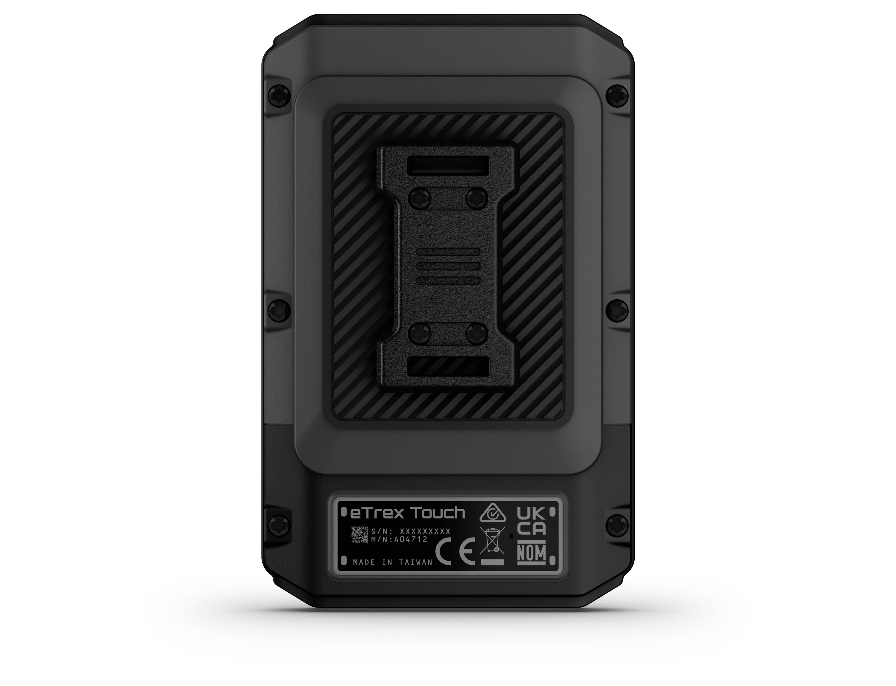 L'immagine mostra il retro di un dispositivo GPS portatile etichettato 'eTrex Touch'. Presenta un design scuro e robusto con viti visibili e un supporto di montaggio.