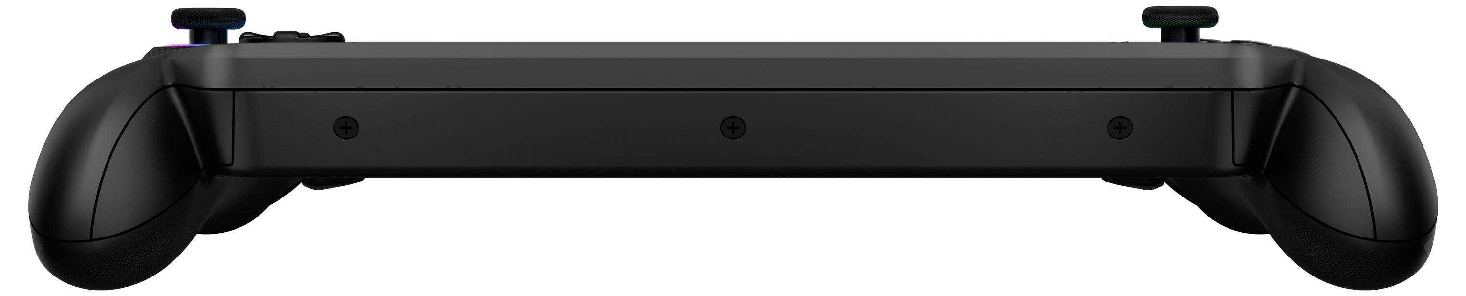 Un dispositivo da gioco portatile nero visto di lato, con un design sottile e due joystick ergonomici alle estremità.