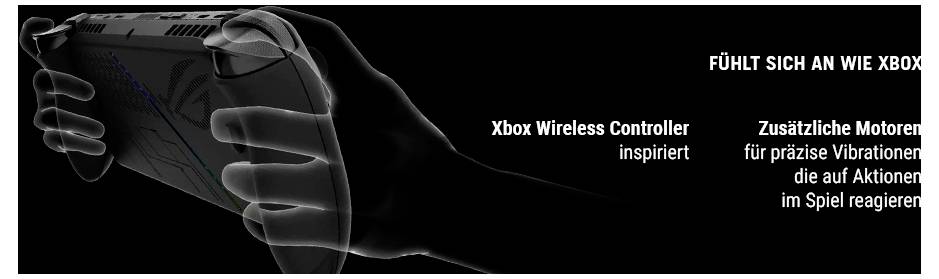 Mani che tengono un controller per videogiochi con testo in tedesco che evidenzia caratteristiche come 'Controller wireless Xbox' e motori aggiuntivi per vibrazioni precise.