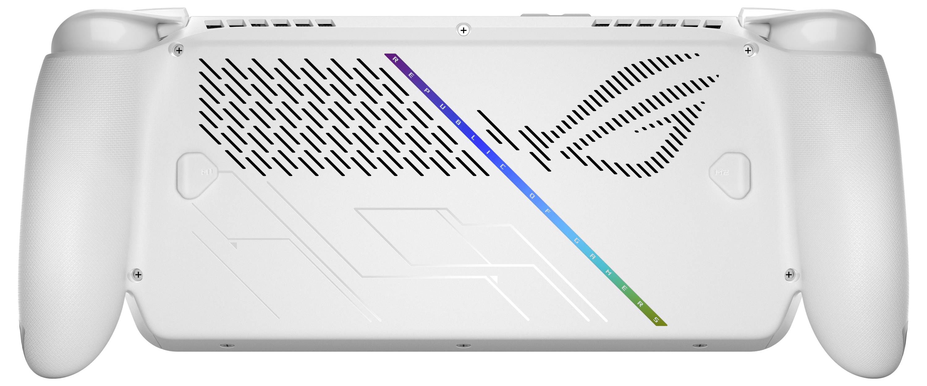 Dispositivo bianco con impugnature ergonomiche, pattern di ventilazione nero, striscia colorata e design astratto vicino al logo del brand.