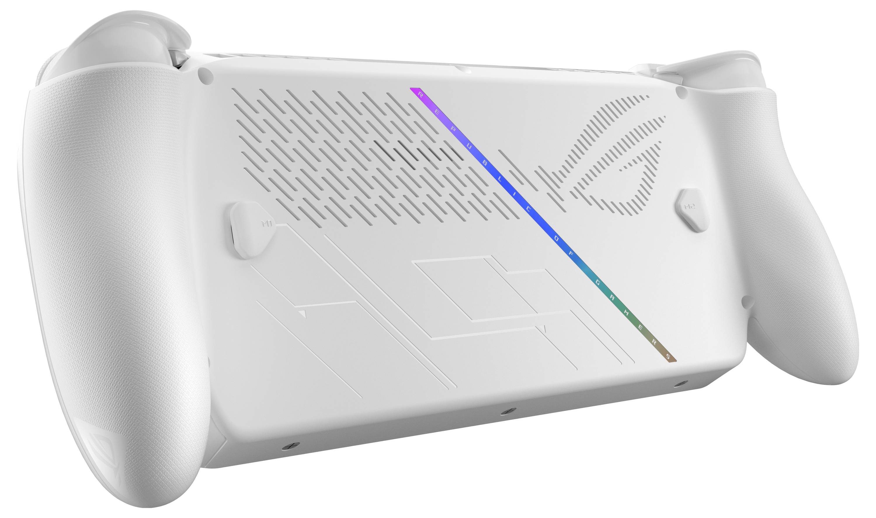 L'immagine mostra il retro di un controller da gioco bianco con impugnature testurizzate e una linea diagonale colorata sulla superficie.