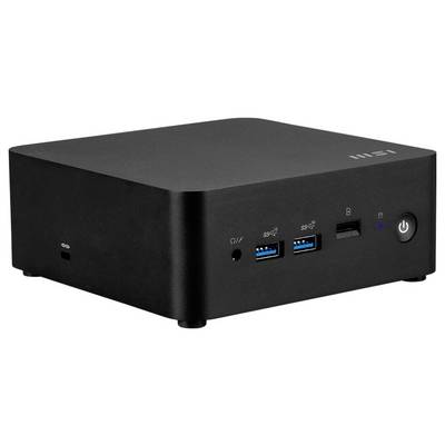 Un mini PC nero con porte USB frontali, pulsante di accensione e logo sulla parte superiore.