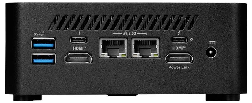 Il retro di un piccolo dispositivo elettronico nero compatto con porte tra cui USB, HDMI, Ethernet e alimentazione, probabilmente un mini PC o un hub multimediale.
