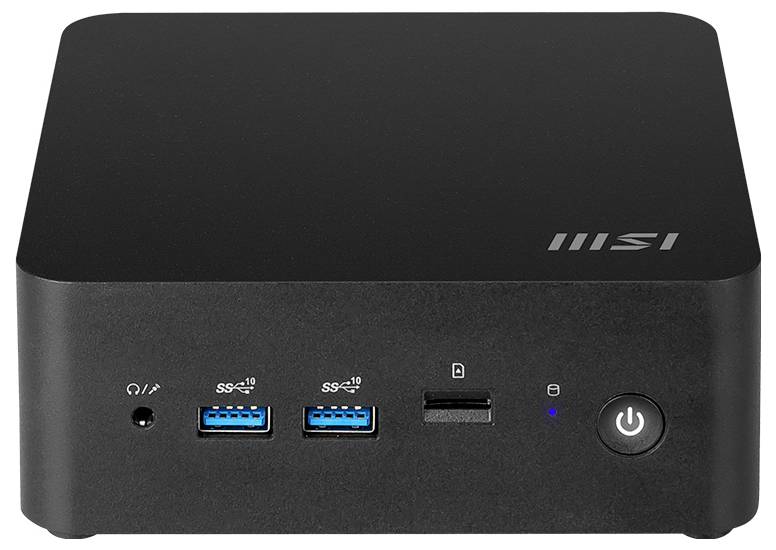 Un computer compatto nero con porte etichettate 'SS' sul davanti. Il nome del marchio è visibile in alto. Il pulsante di accensione è illuminato.