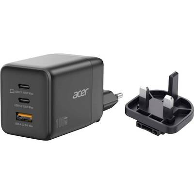 Un caricabatterie da muro Acer nero con tre porte USB: due porte USB-C (max 100W) e una porta USB-A (max 22,5W), accanto a un adattatore di spina staccabile.