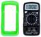 Un multimetro digitale con una custodia protettiva verde accanto, che mostra '000' sul display. La manopola principale è impostata su posizione di spegnimento.