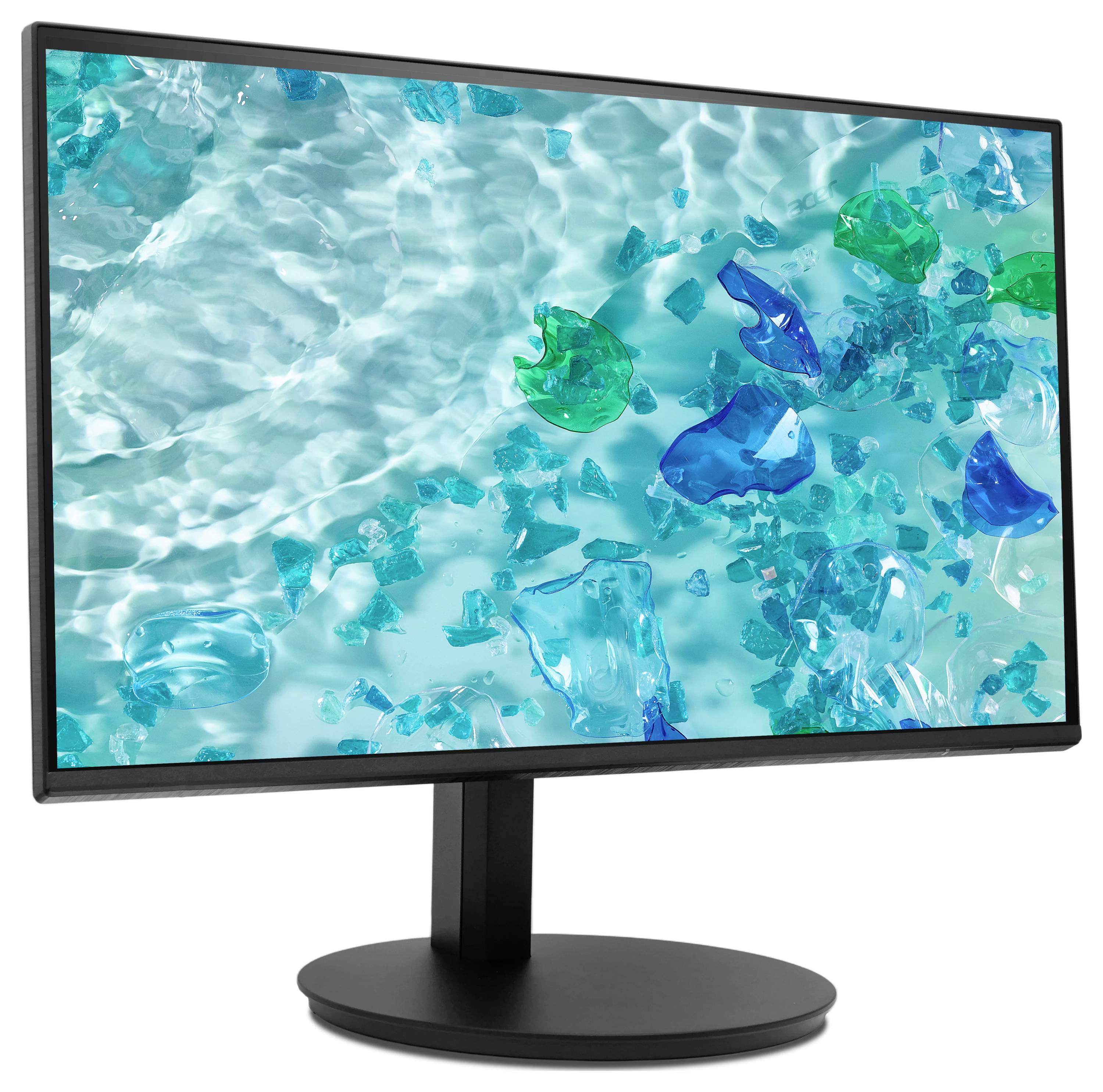 Un monitor con cornice nera che mostra un design astratto con acqua turchese brillante e forme verde e blu traslucide sparse.