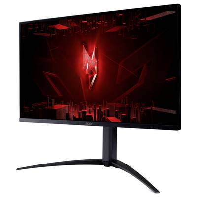 Monitor Acer che mostra un design di arte digitale geometrica rossa con modelli astratti e un simbolo centrale luminoso.