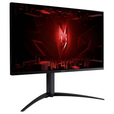 Un monitor da gaming con un design geometrico rosso e nero sullo schermo, che presenta un emblema centrale illuminato.