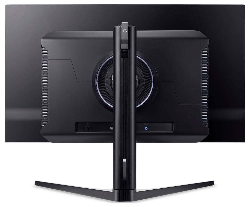 Vista posteriore di un monitor widescreen con design curvo, che mostra un pattern di ventilazione futuristico e una caratteristica luminosa circolare al centro.