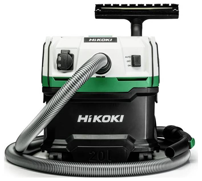 Aspirapolvere portatile con tubo flessibile, due manopole di controllo e logo 'HiKOKI', progettato per uso professionale.