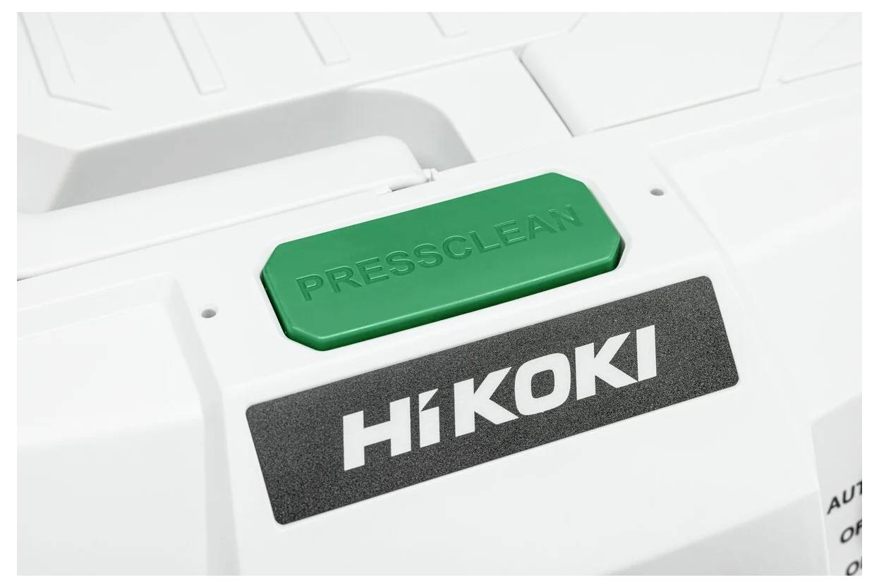 Una macchina bianca HiKOKI con un grande pulsante verde 'PRESSCLEAN' sulla parte superiore, che indica una funzione di pulizia.