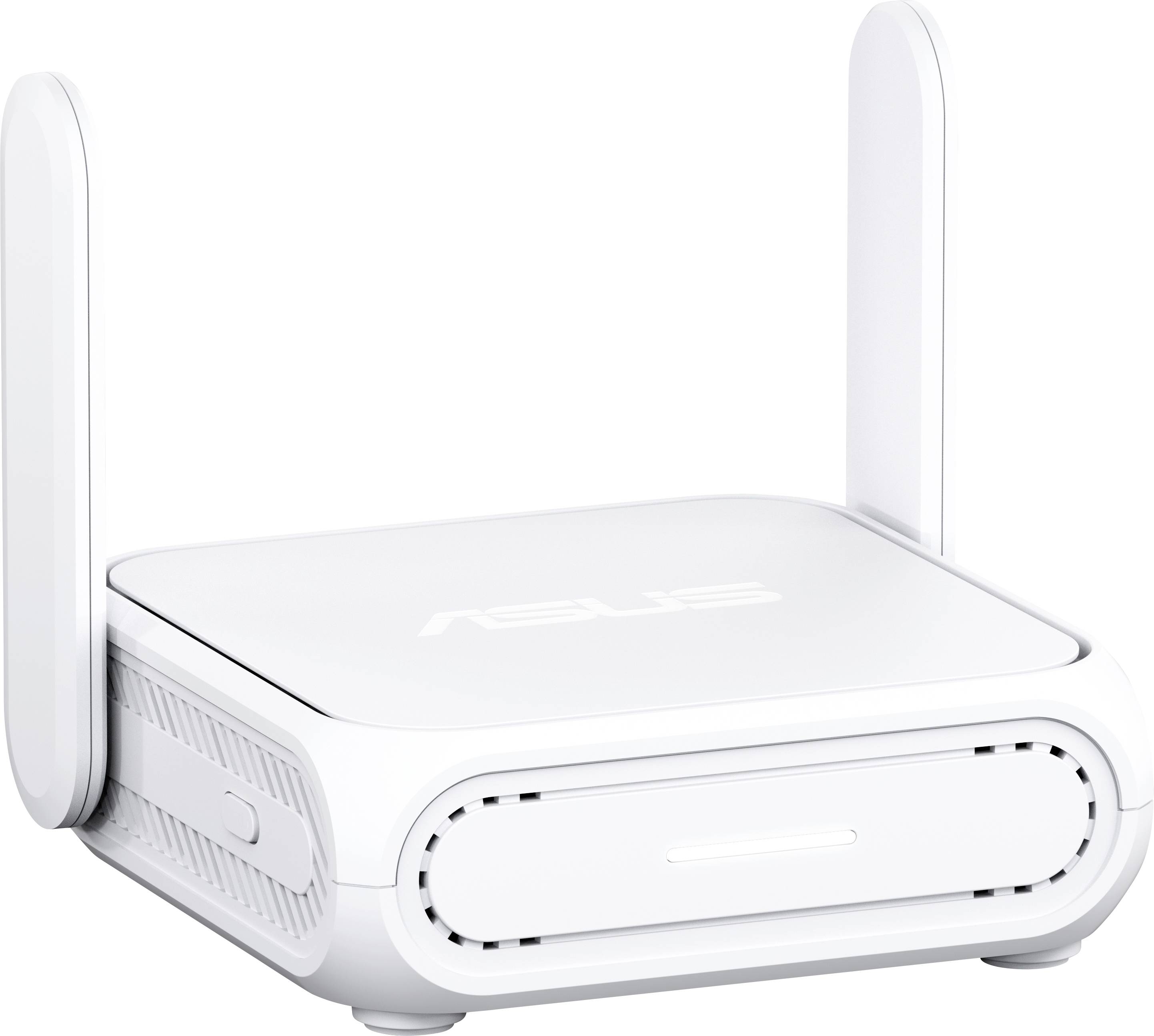 Un router wireless bianco con due antenne sui lati è mostrato. Ha un design elegante e compatto, adatto per la connettività Internet domestica.