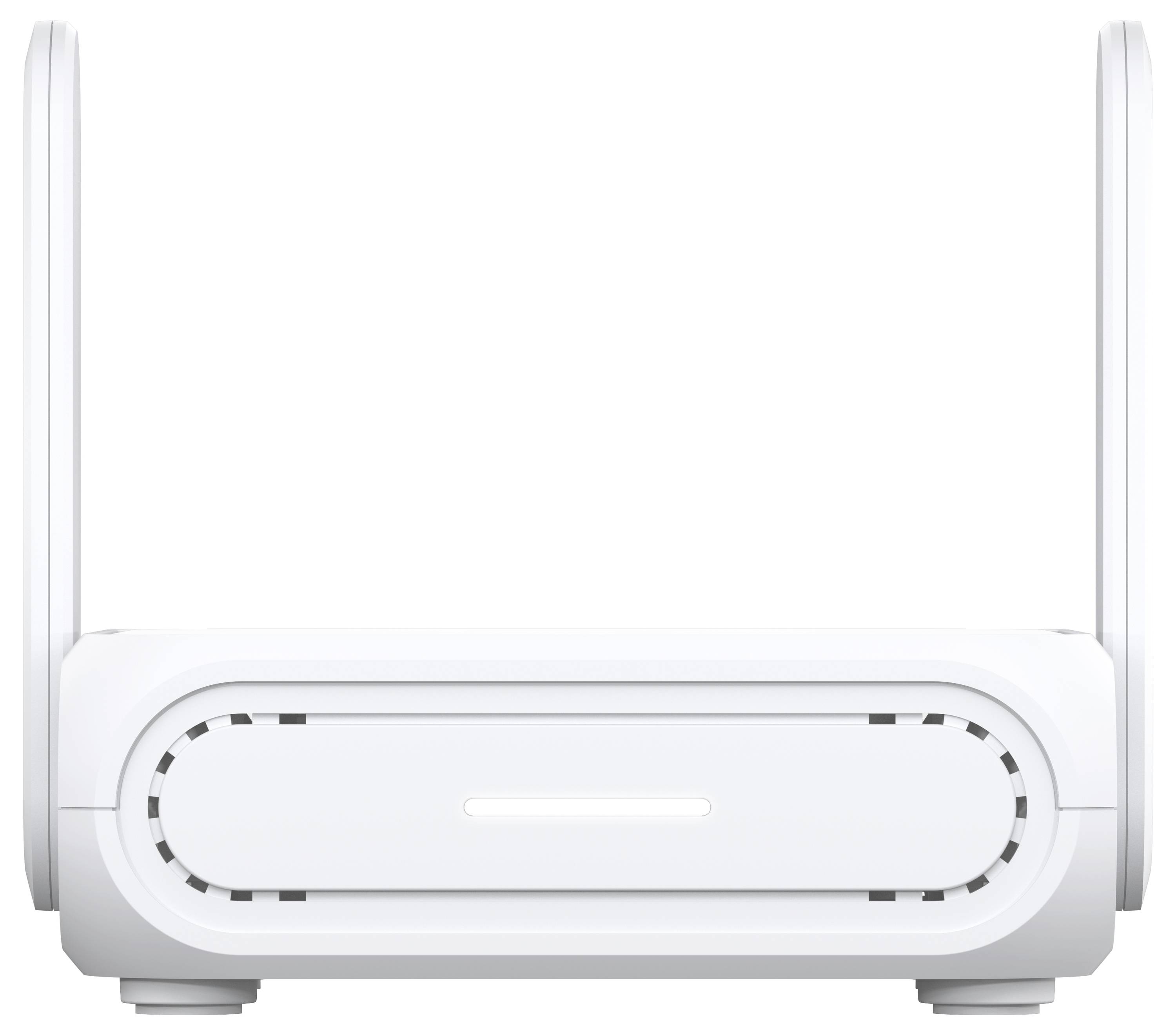 Un router bianco elegante e moderno con due antenne verticali, un indicatore luminoso LED frontale, che mostra un design minimalista.