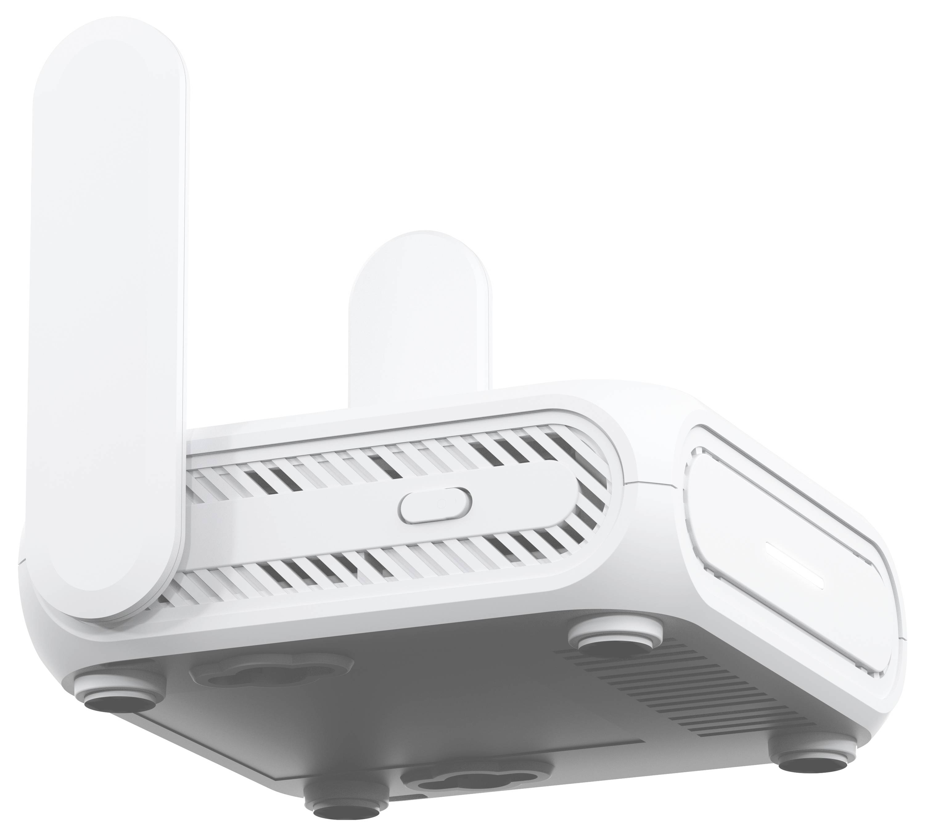 Un router wireless bianco con due antenne, progettato per uso domestico o da ufficio, visto dal basso.