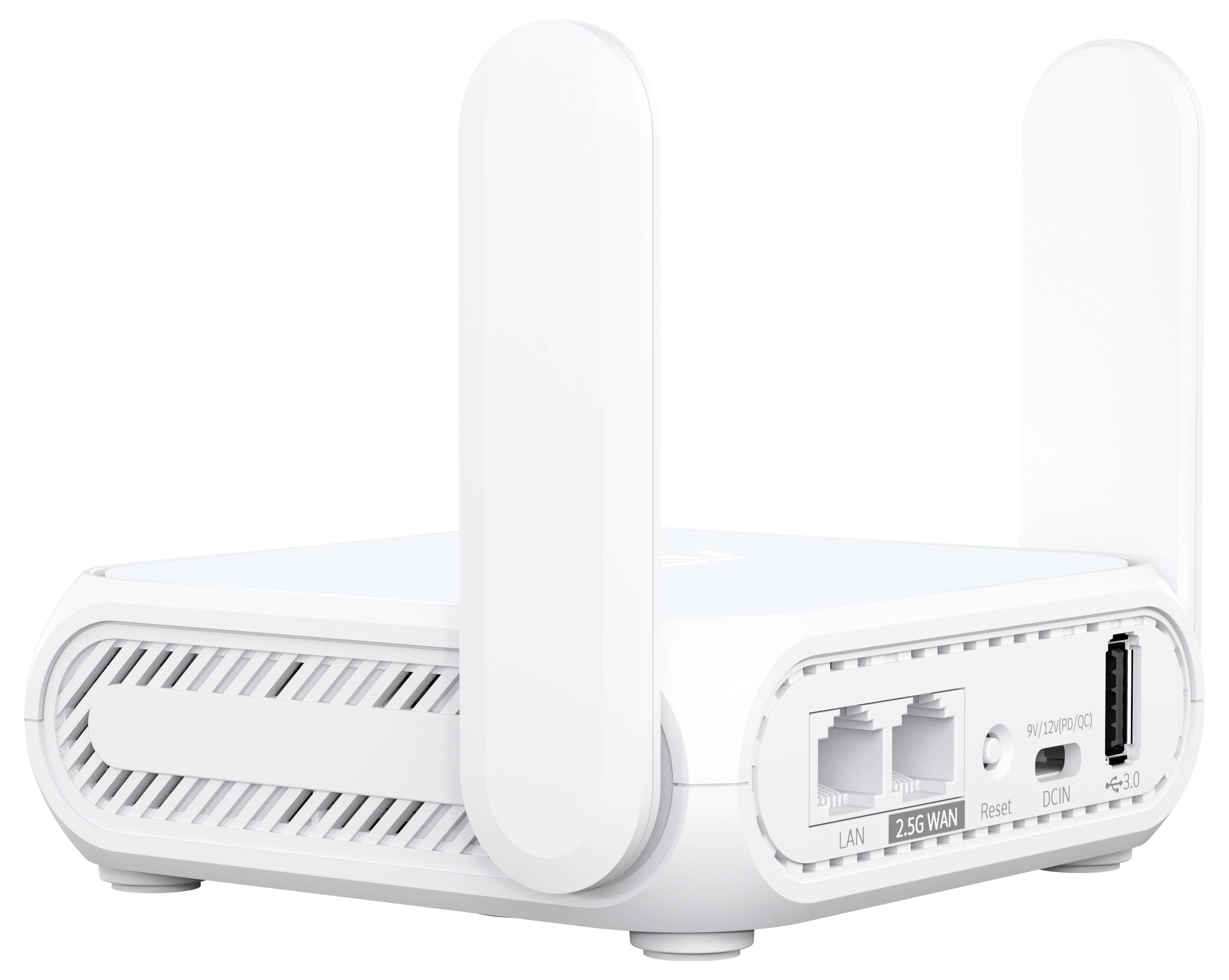 Un router Wi-Fi bianco con due antenne, dotato di porte per LAN e WAN 2.5G, un pulsante di reset e un ingresso di alimentazione sul pannello posteriore.