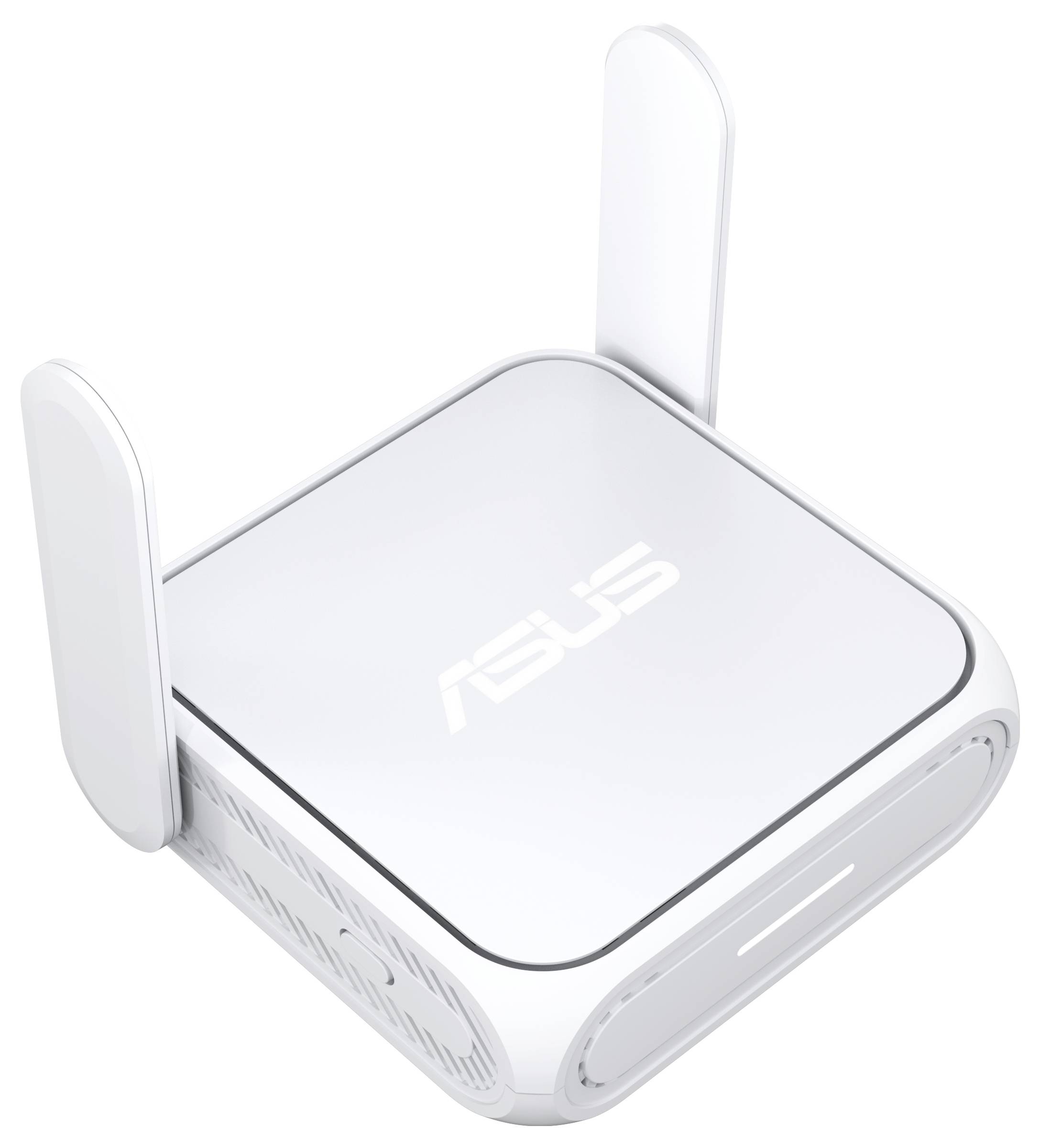 Un piccolo router wireless ASUS bianco con due antenne in posizione verticale, progettato per migliorare la connettività internet in case o uffici.
