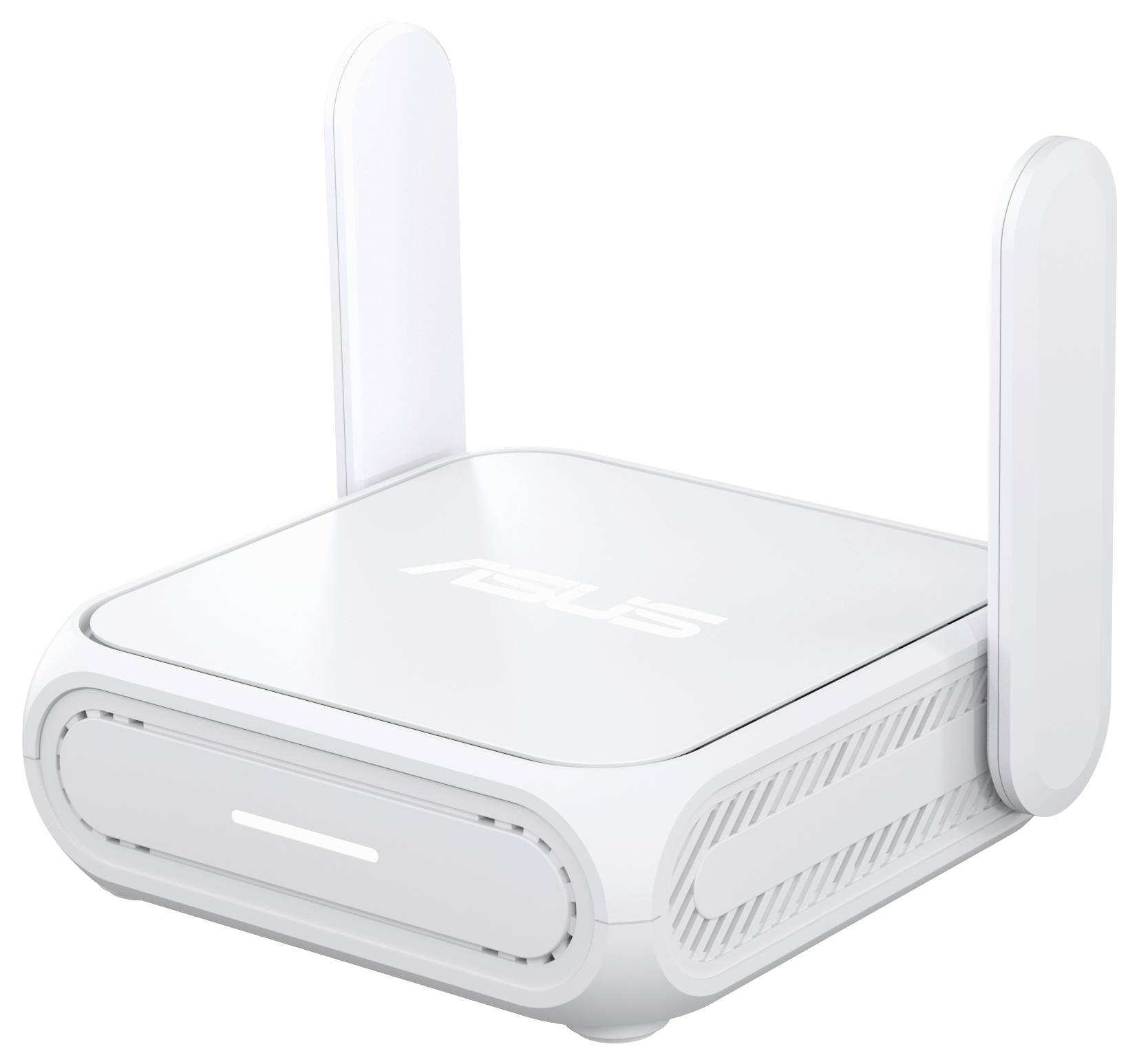 Un router ASUS bianco con due antenne, caratterizzato da un design elegante e un indicatore LED visibile sul davanti, adatto per l'uso domestico del Wi-Fi.