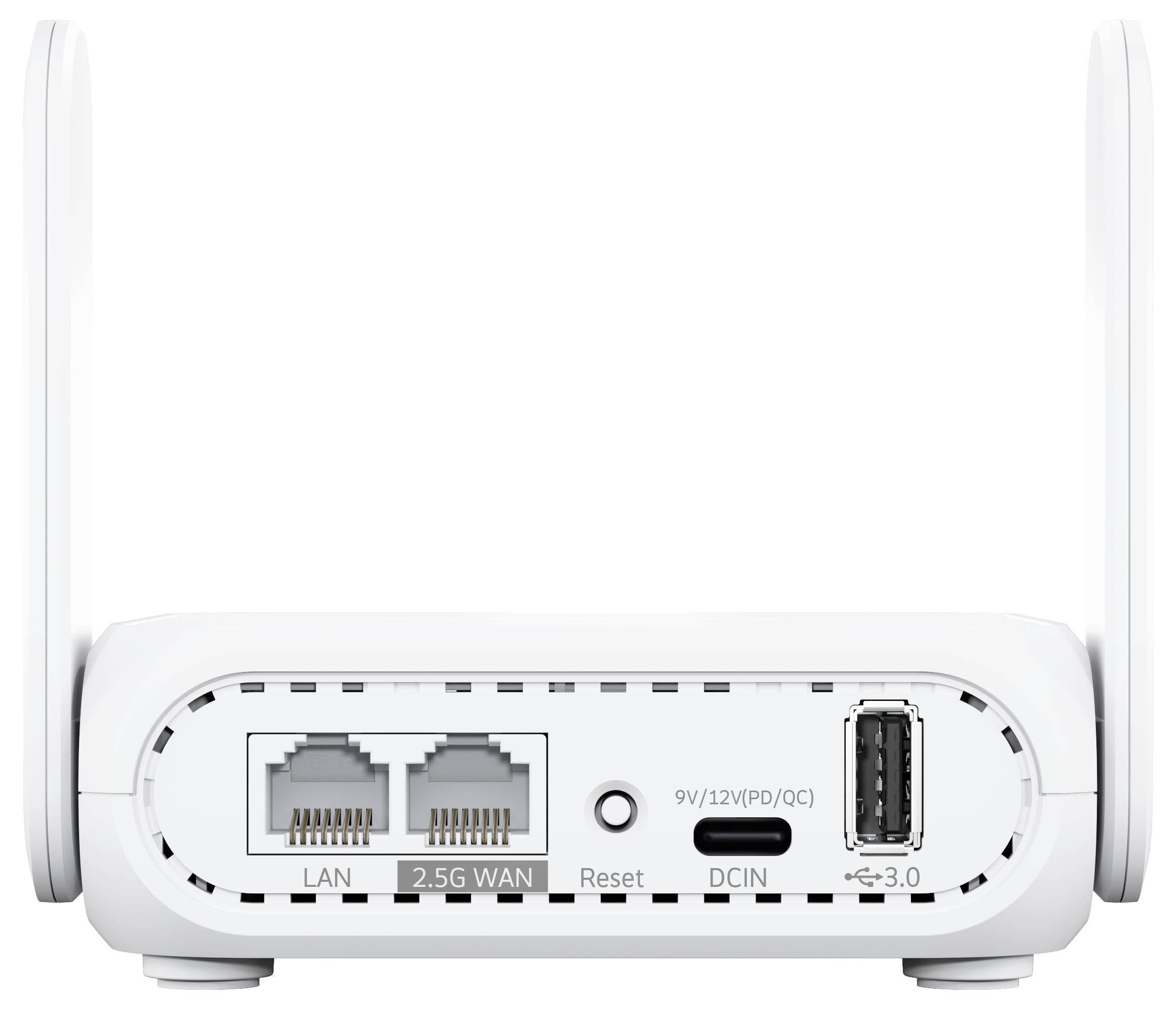 Un router Wi-Fi bianco con due antenne e porte per LAN, WAN 2.5G, USB e ingresso DC, etichettato con funzioni tra cui reset.