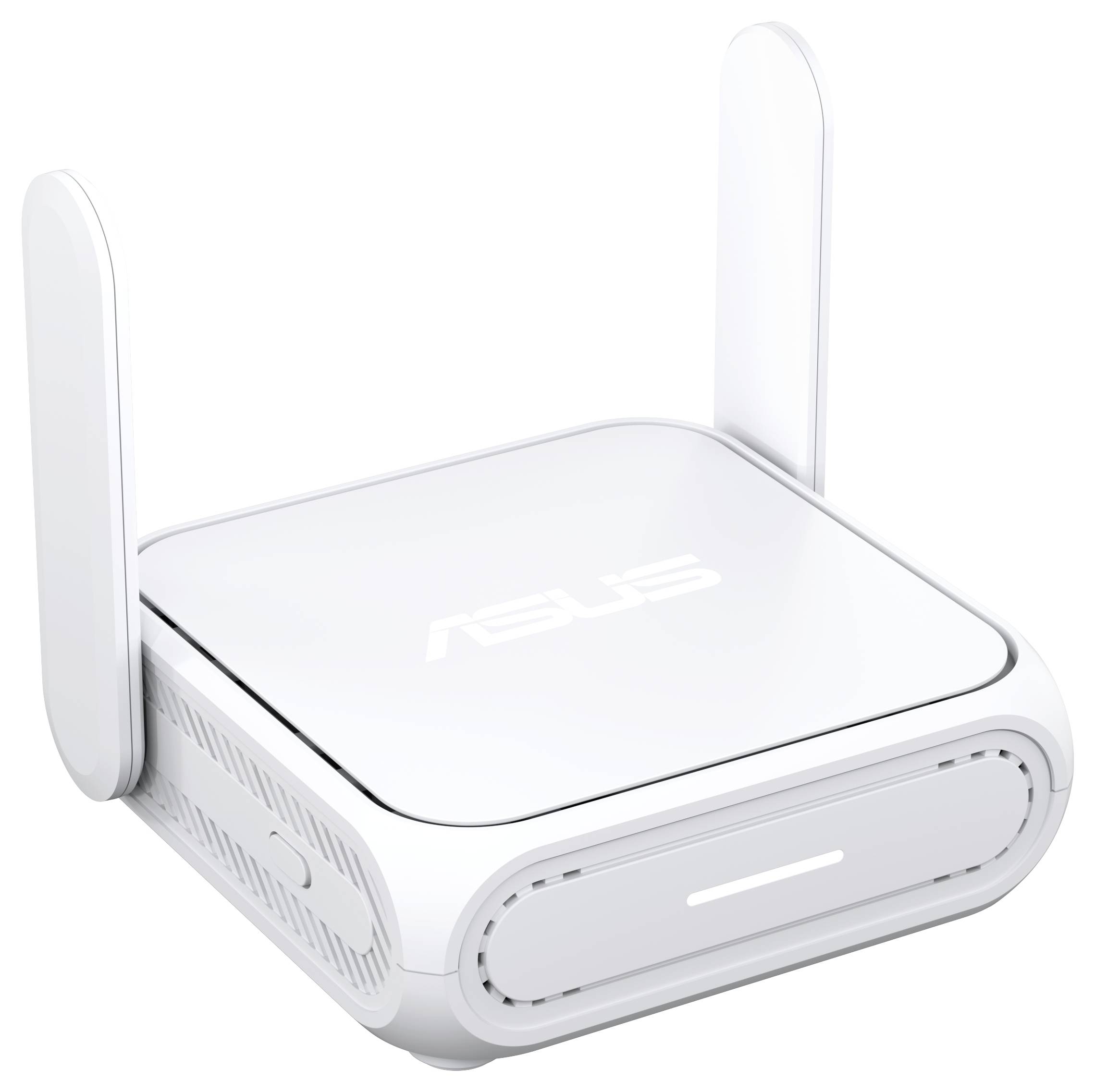 Un piccolo router Wi-Fi bianco con due antenne verticali e una spia luminosa sul davanti, marchiato 'ASUS'.