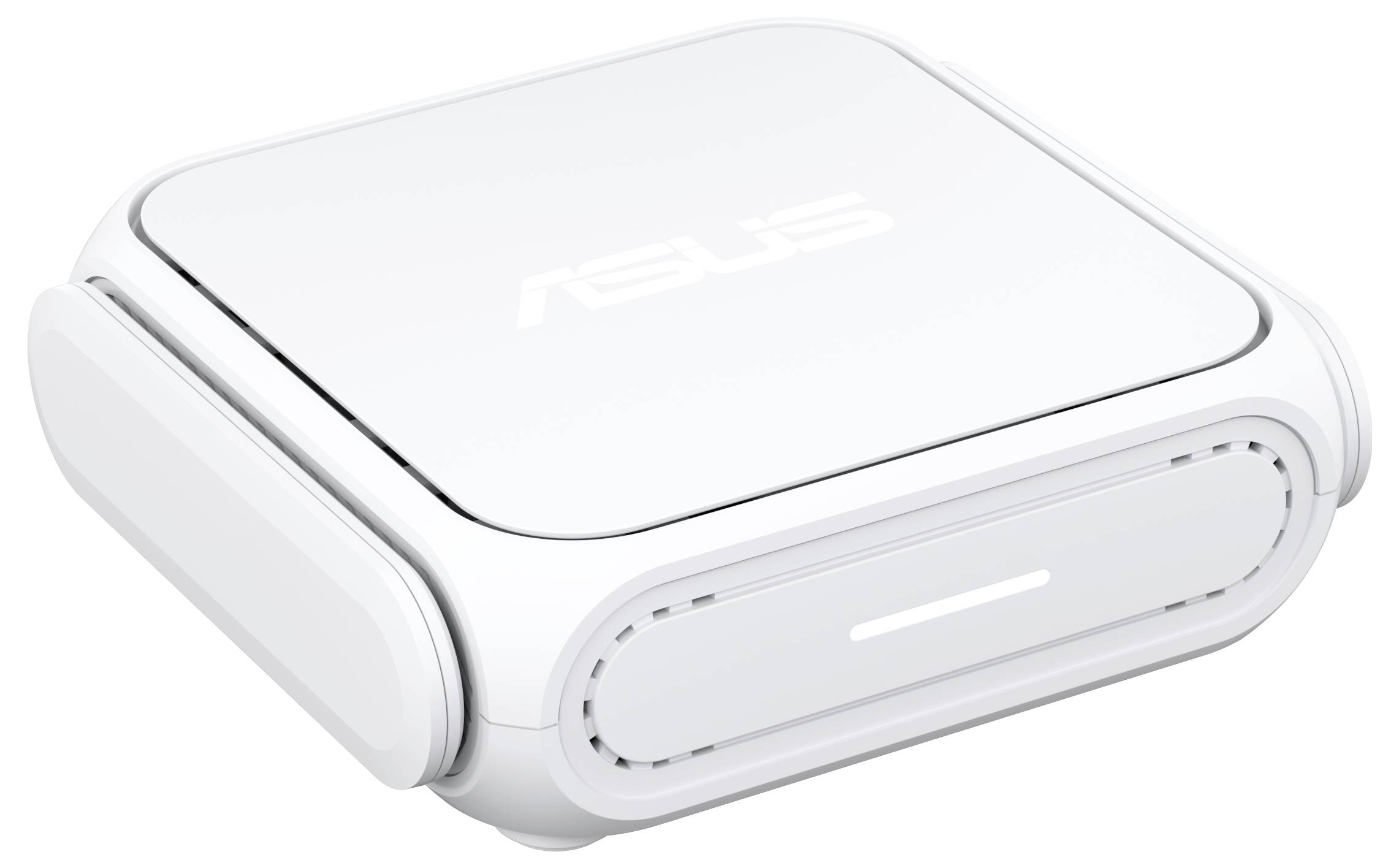 Un piccolo dispositivo bianco quadrato con bordi arrotondati e un logo 'ASUS' sulla parte superiore. Sembra essere un dispositivo elettronico compatto.