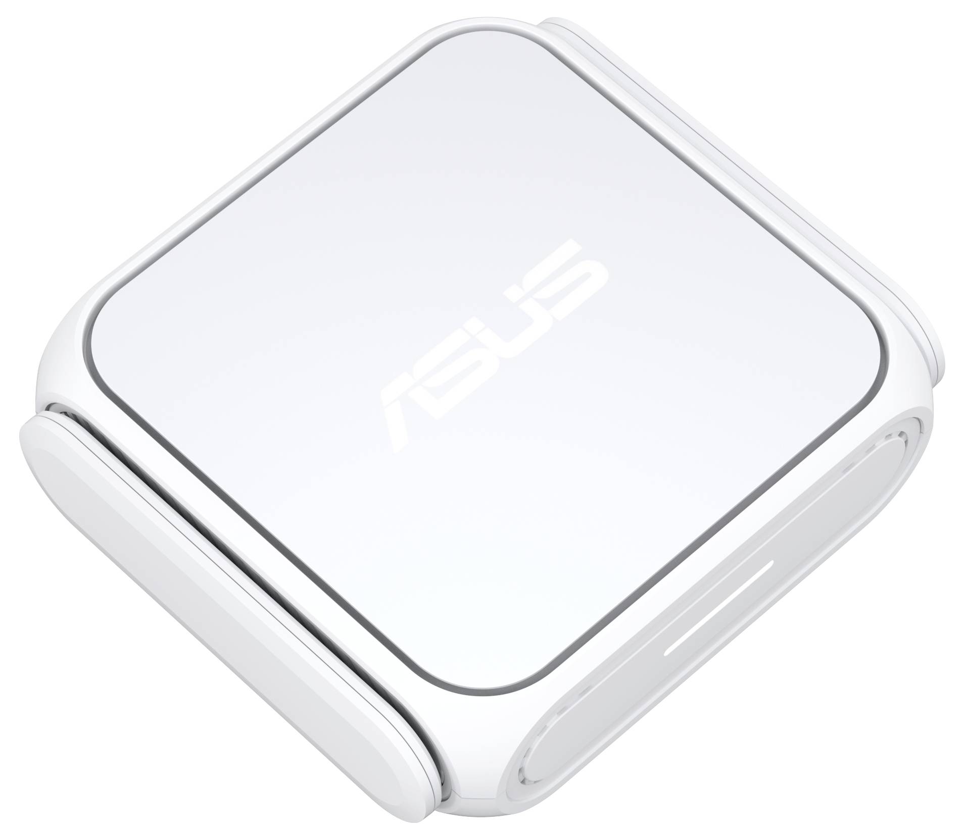 Router Wi-Fi bianco ASUS con un design compatto e elegante; presenta bordi arrotondati e il logo ASUS sulla parte superiore.