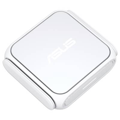 Router Wi-Fi bianco ASUS con un design compatto e elegante; presenta bordi arrotondati e il logo ASUS sulla parte superiore.