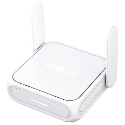 Un router wireless ASUS bianco con due antenne verticali, che presenta un design elegante e compatto.