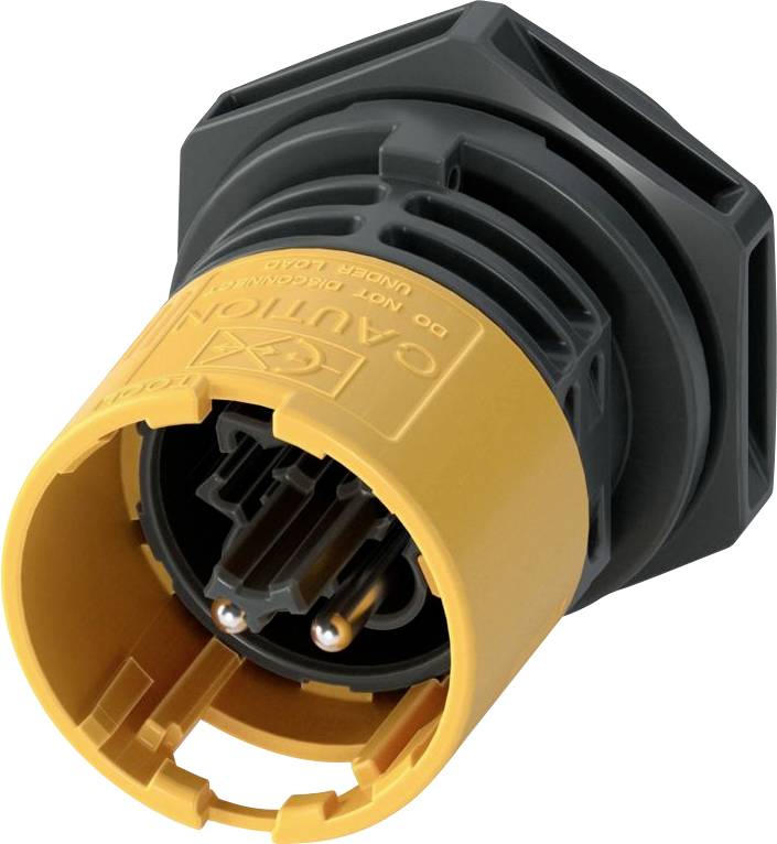 Un primo piano di un connettore elettrico giallo e nero con reofori metallici e un anello di fissaggio esagonale, con l'etichetta 'AUTEC NON SCOLLEGARE SOTTO CARICO'.