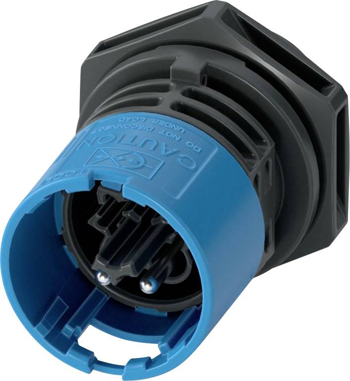 Un connettore elettrico in plastica blu e nero con pin visibili, utilizzato per applicazioni industriali.