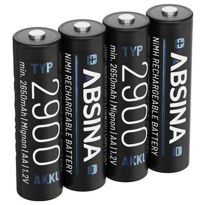 Quattro batterie AA nere etichettate 'ABSINA', di tipo NiMH con 1,2V e una capacità minima di 2650mAh.