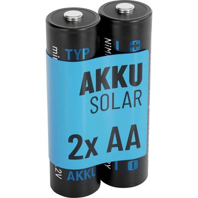 'AKKU SOLAR 2x AA' confezione da due batterie ricaricabili AA avvolte in un'etichetta blu.
