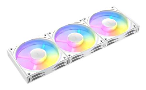 Tre ventole bianche per il raffreddamento del computer con illuminazione LED arcobaleno montate in una cornice rettangolare, riprese da un angolo.