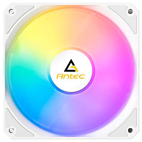 Un ventilatore Antec bianco per computer con pale multiple, progettato per il raffreddamento dei PC, ripreso da una prospettiva laterale angolata.