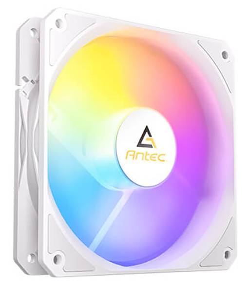 Un ventilatore per computer con un effetto di illuminazione LED luminoso, che presenta uno spettro di colori arcobaleno e il logo 'Antec' al centro.