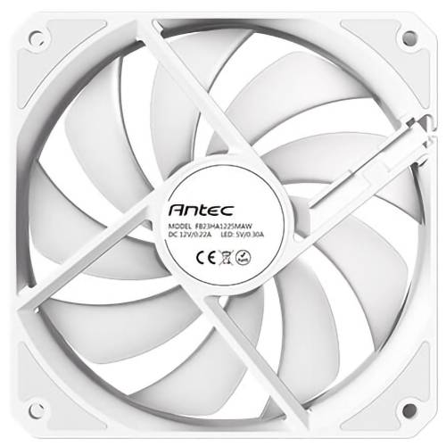 Un ventilatore di raffreddamento per computer bianco con pale curve, con etichetta 'Antec'. Modello FD12-7344425MAW. Specifiche: CC 12V 0,27A, LED 5V 0,30A.