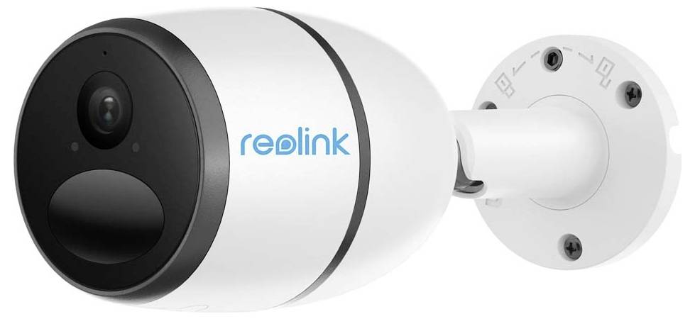 Una telecamera di sicurezza montata su una parete bianca, con etichetta 'reolink'. La telecamera ha un design moderno con un obiettivo nero.