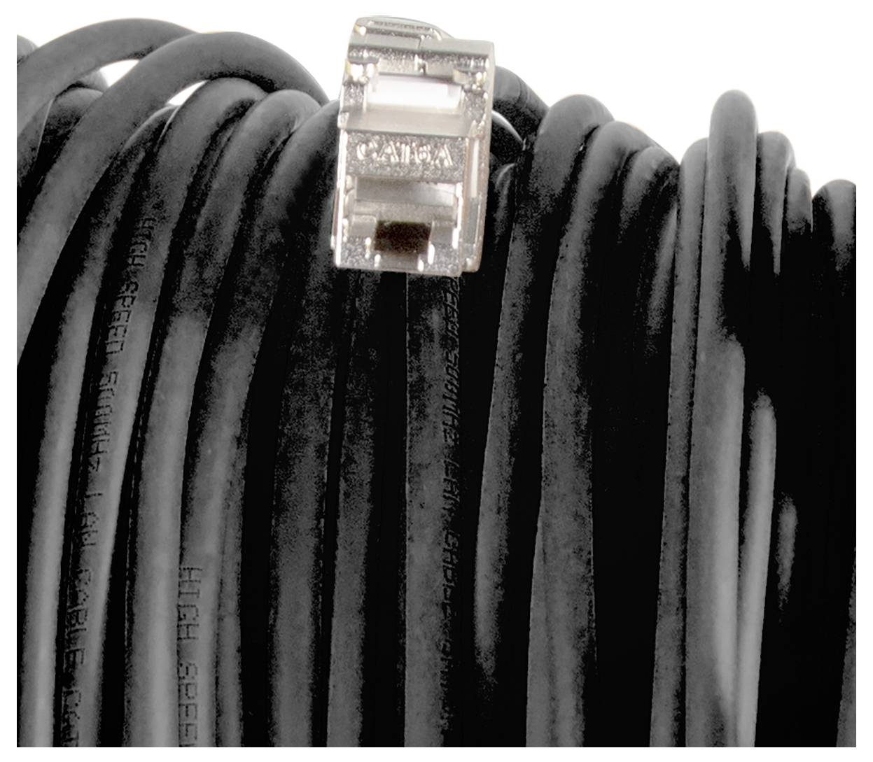 Un cavo Ethernet arrotolato nero con un connettore RJ45 trasparente all'estremità.