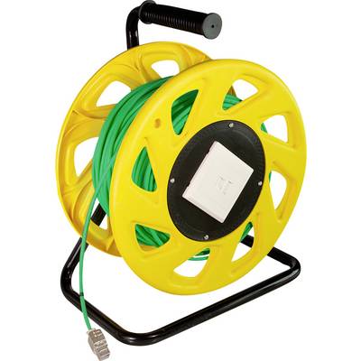 Un rocchetto di cavo giallo con cavo Ethernet verde avvolto intorno, dotato di un manico per il trasporto e una porta di rete sul lato.