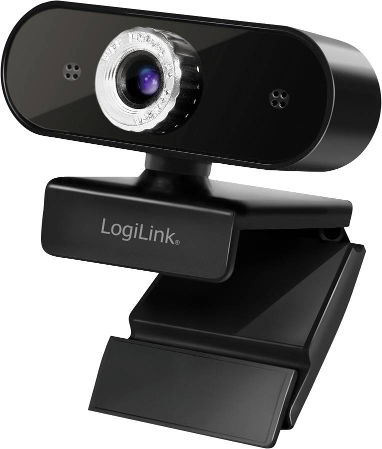 Una webcam nera con un obiettivo centrale e due piccoli fori sui lati, montata su un supporto a clip. Il nome del marchio 'LogiLink' è sulla base.