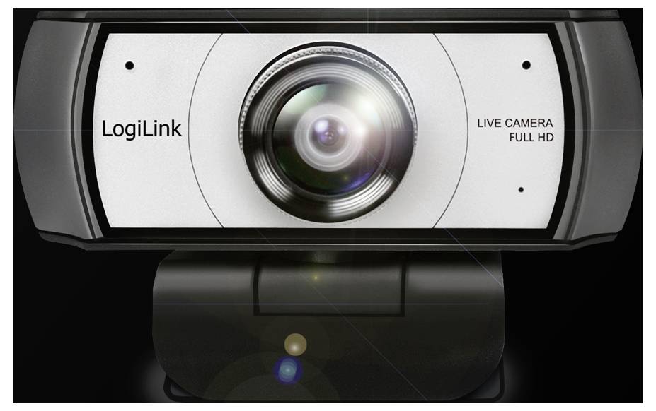 Una webcam nera e argento etichettata 'LogiLink' con la scritta 'LIVE CAMERA FULL HD' visualizzata, su uno sfondo scuro.