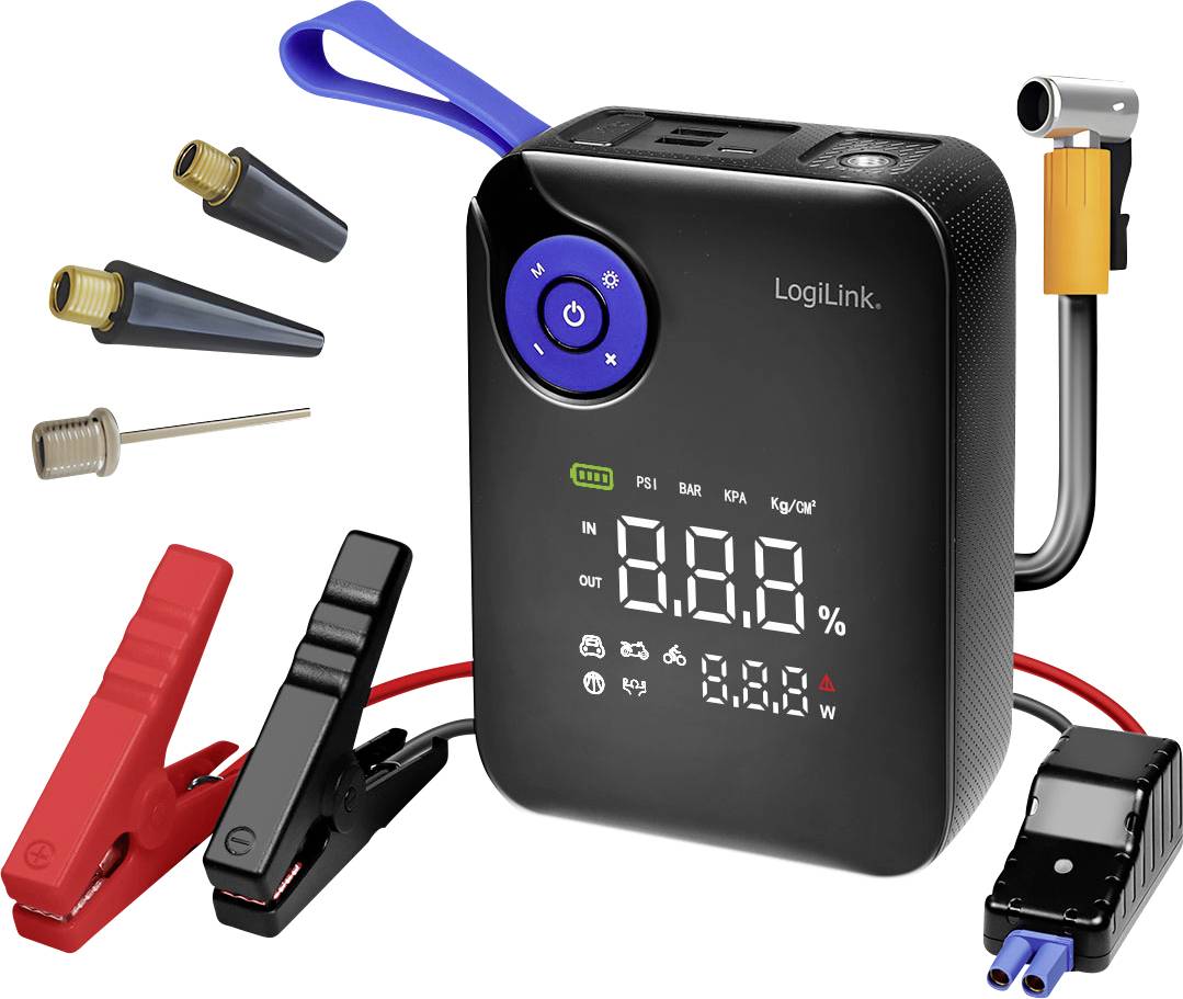 Un compressore d'aria portatile con un display digitale che mostra la pressione dell'aria, una torcia elettrica e vari ugelli per gonfiare pneumatici o altri oggetti.