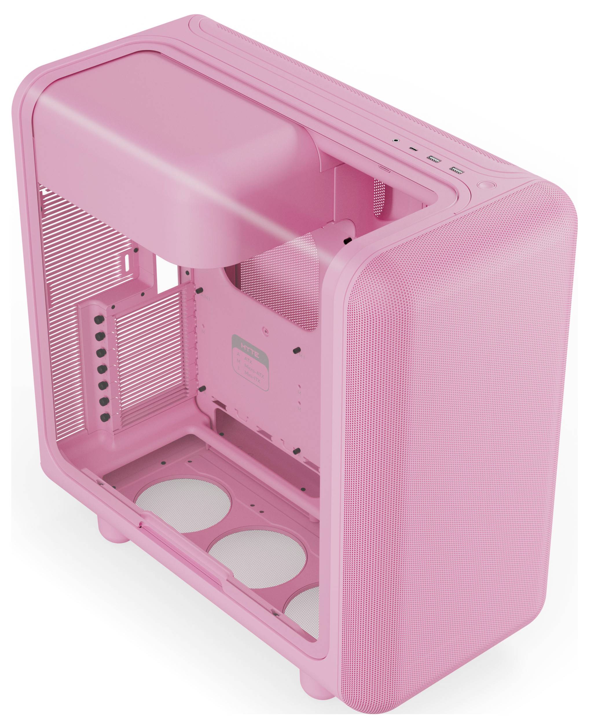 Una custodia per torre computer rosa con lato aperto, che mostra spazio per i componenti e più slot per ventole, progettata per la personalizzazione e l'efficienza del raffreddamento.