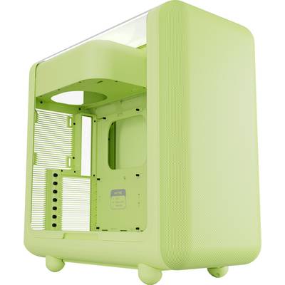 Un case per computer verde lime con un pannello frontale in mesh, lato aperto e angoli cilindrici. Mostra più slot per componenti.